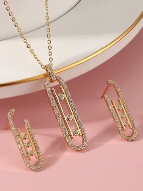 Anthropologie Gold-Tone Crystal Paperclip Pendant Necklace & Earrings